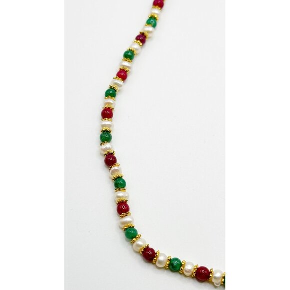 Gold Plated Pearl Red & Green Semi Precious Stone Beaded Necklace 16.5” - Picture 4 of 4